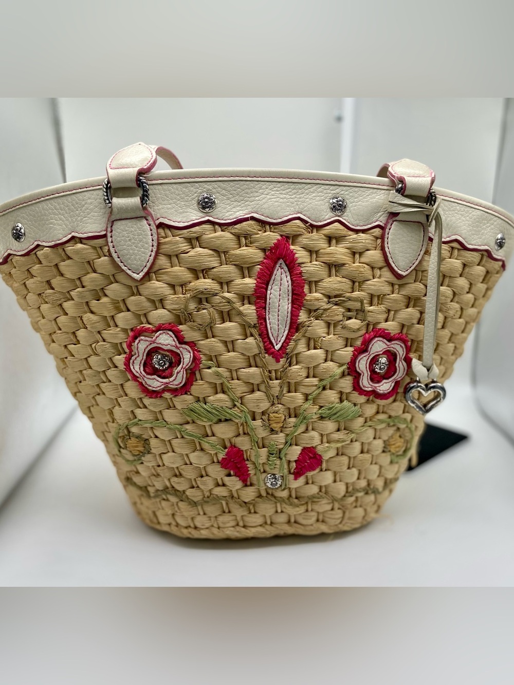 Brighton Straw & Leather Tote Shoulder Bag Embroidered Floral Stripe Lining